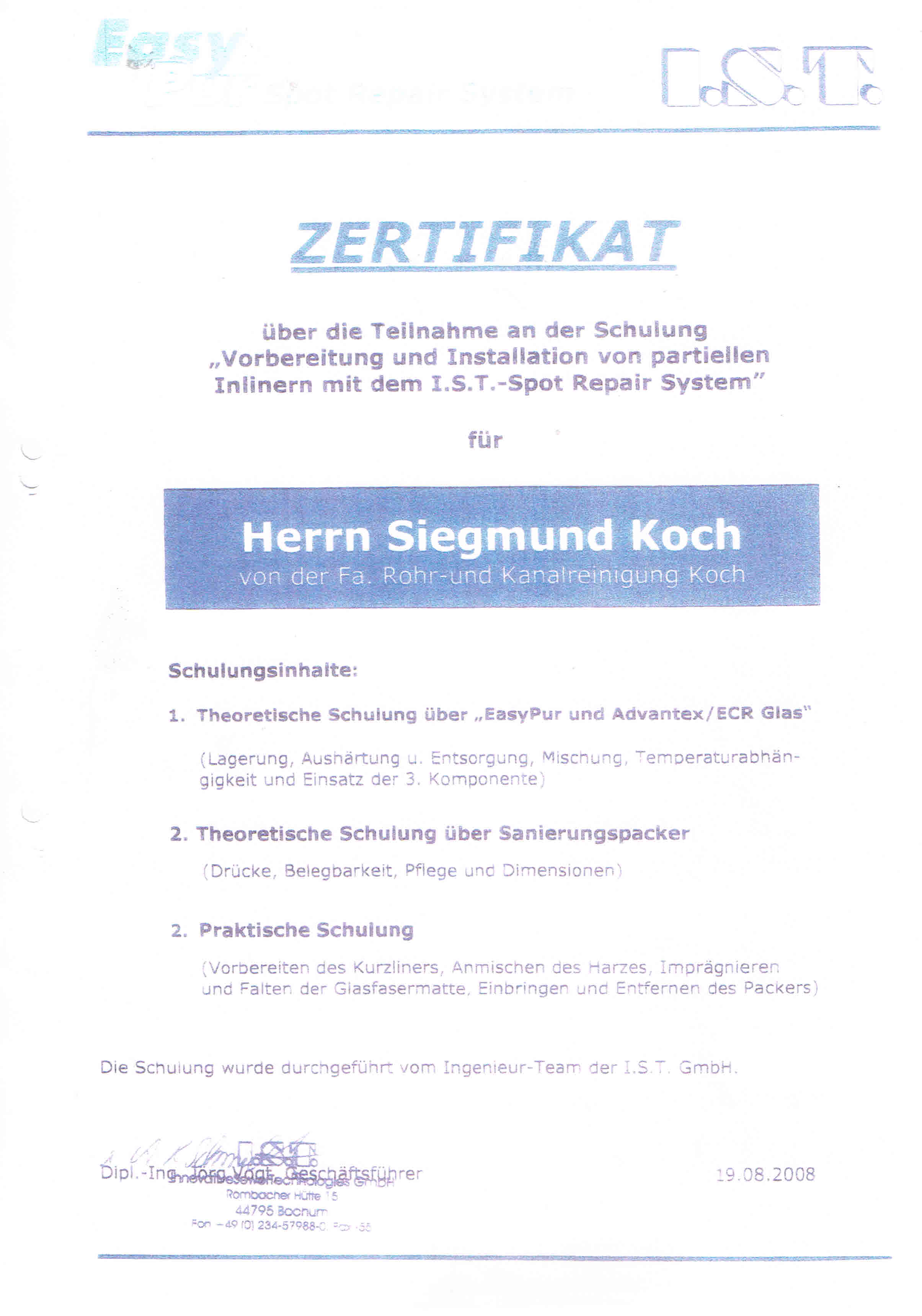 Zertifikat Schulung Vorbereitung und Installation von partiellen Inlinern mit dem I.S.T.-Spot Repair System Siegmund Koch