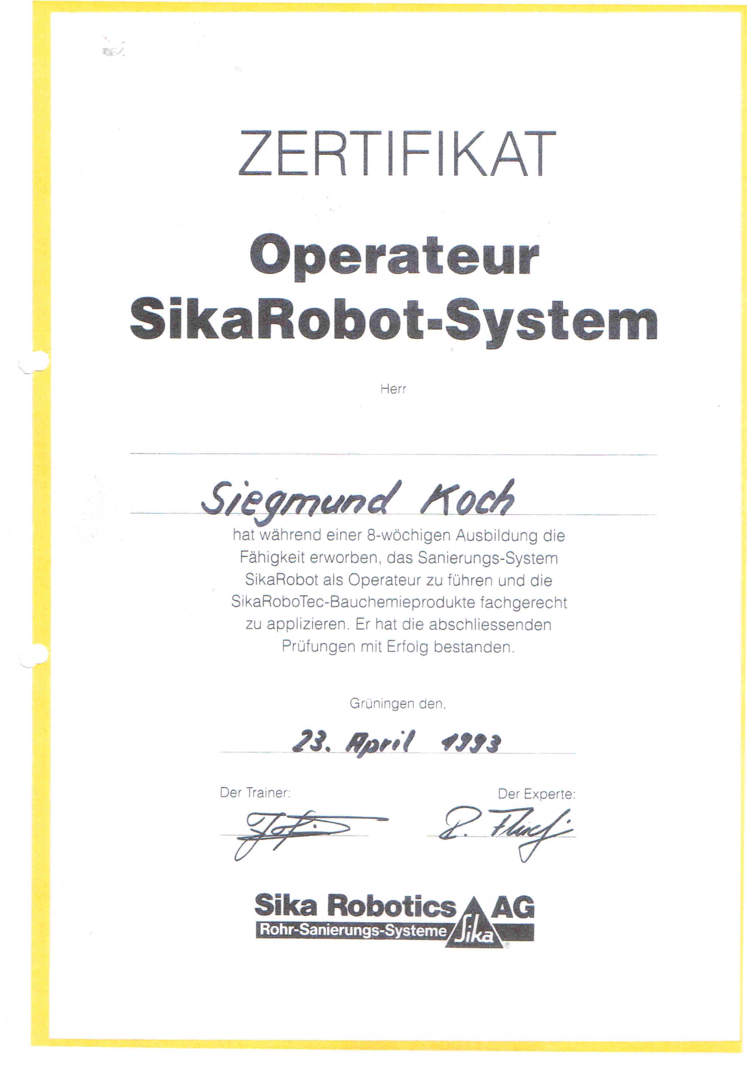 Zertifikat Operateur SikaRobot-System Siegmund Koch